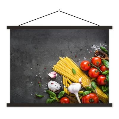 Produktbild von MuchoWow® Textilposter Nudeln - Kräuter - Tomate - Gewürze - Rustikal 150x113 cm mit holzfarbenen Rahmen - Poster
