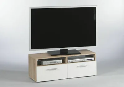 A TV stand with a television on top, set against a plain background.