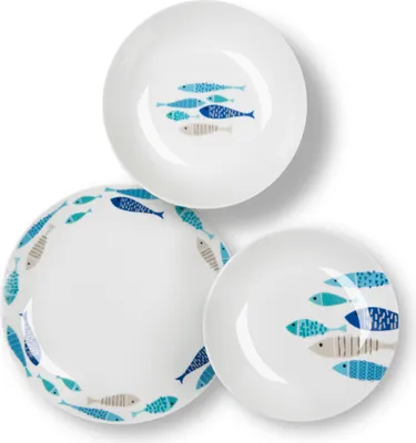 A set of three white ceramic plates with a blue and gray fish pattern, arranged in a stack.