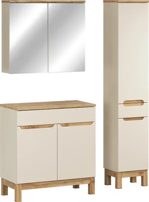 Produktbild von Badmöbel-Set 3-teilig mit 80 cm Waschtischschrank & Spiegelschrank in kaschmir und Eiche, modern grifflos - SOLNA-56-CASHMERE
