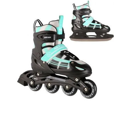 A pair of adjustable roller skates and ice skates with aqua and black accents, shown on a white background.