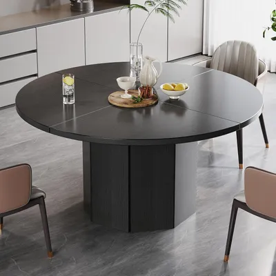Obrázok produktu pre Okrúhly jedálenský stôl, kuchynský stôl pre 4-6 osôb, priemer 120 cm, čierna farba, povrch imitácia dreva (dub), s osemhrannou základňou