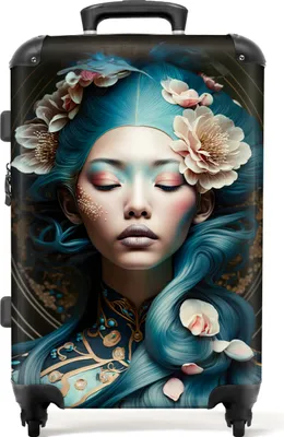 Produktbild von NoBoringSuitcases.com® Großer Koffer - Frauen - Blumen - Porträt - Asiatisch - Kombinationsschloss TSA - Hartschalen Trolley 4 Rollen - 72 liter - Reisekoffer - 66 cmKoffer Mittelgroß 67x43x25 cm, 72L,