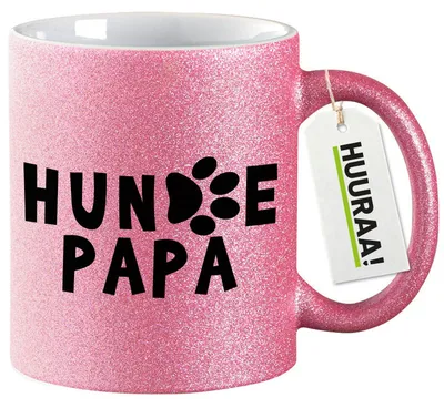 Produktbild von Huuraa Glitzertasse Hundepapa Tapse 330ml Pink Keramik Kaffeebecher Geschenkidee