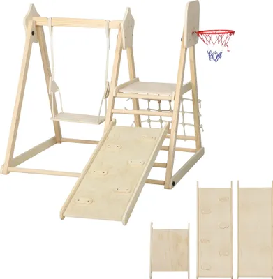 Produktbild von 5-in-1 Indoor-Klettergerüst mit Rutsche, Schaukel, Kletternetz, Basketballkorb, klappbar, 3-6 Jahre, Naturholz
