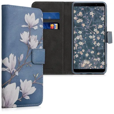 Produktbild von kwmobile Wallet Case kompatibel mit Samsung Galaxy A7 (2018) Hülle - Cover mit Ständer und Kartenfächern - Magnolien Taupe Weiß Blaugrau