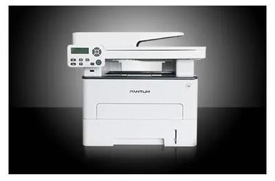A white Pantum M7100DW multifunction laser printer is shown against a gradient background.