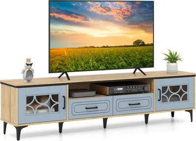 Produktbild von COSTWAY TV Schrank Bambus, Lowboard für Fernseher bis zu 80 Zoll, Fernsehschrank mit 2 Schubladen, 2 Türen & Fach, Fernsehtisch, Fernsehschrank, Blau