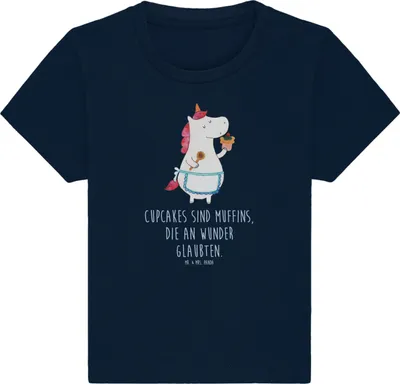 Produktbild von Mr. & Mrs. Panda Babyshirt Einhorn Küche 12. - 18. Monat - French Navy - Geschenk, Unicorn,  Baby T-Shirt, Kuchen, Torte, Muffin, Kinder, Baumwollshirt, Einhörner
