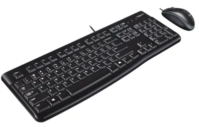 Zdjęcie produktu dla Logitech MK120, Pełnowymiarowy (100%), Przewodowa, USB, QWERTY, Czarny, Dołączona myszka