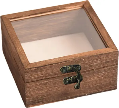 A small wooden box with a glass lid and a metal clasp.