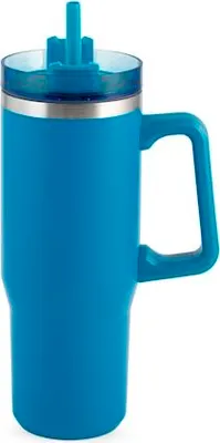 Produktbild von Blauer Thermobecher aus Edelstahl mit Strohhalm, 0,9 Liter