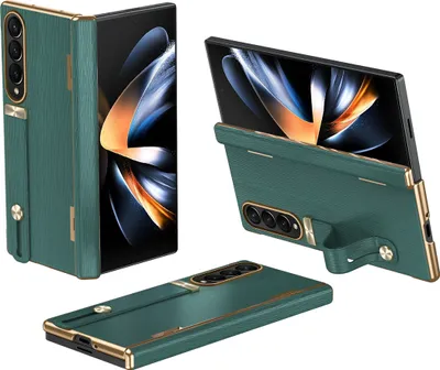 Produktbild von Handyhülle für Samsung Galaxy Z Fold 4 5G  Lederhülle mit Handschlaufe, Ständer, Scharnierschutz Grün