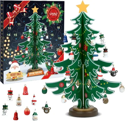 Image de Calendrier de l'Avent : Mini sapin de Noël en bois avec 24 décorations. Sapin de Noël en bois à décorer soi-même, avec 24 ornements