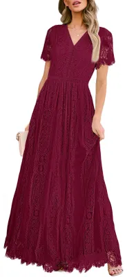 Produktbild von MEROKEETY Damen V Ausschnitt Kurzarm Floral Spitze Hochzeitskleid Brautjungfer C