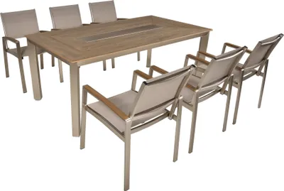 A dining table and chairs set on a white background.