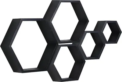 Imagen del producto de Estantería hexagonal para pared, decoración para sala de estar, estante de madera para colgar en el dormitorio, juego de 5 unidades ()