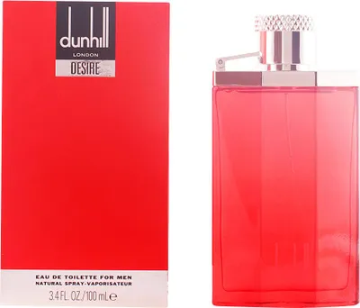 A red box of Dunhill Desire for Men eau de toilette and the perfume bottle.