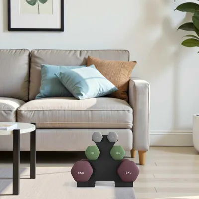 Produktbild von SONGMICS Kurzhantel Set, Hexagon, mit Hantelständer, 2 x 1 kg, 2 x 3 kg, 2 x 5 kg, mattes Finish, Neopren-Beschichtung, Krafttraining, zu Hause