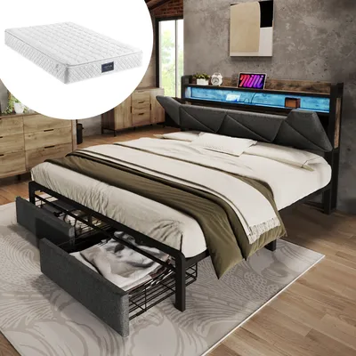Obrázek produktu pro Okwish čalouněná postel 140x200 cm s USB a Type-C nabíjecí funkcí, úložné čelo a LED osvětlení a 2 zásuvky, šedá - včetně matrace
