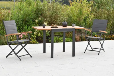 Produktbild von Merxx Gartenmöbel Set Paxos 3tlg., 2 Klappsessel, Balkonausziehtisch 65 (130) x 65 cm- Aluminium/Akazie/Textil