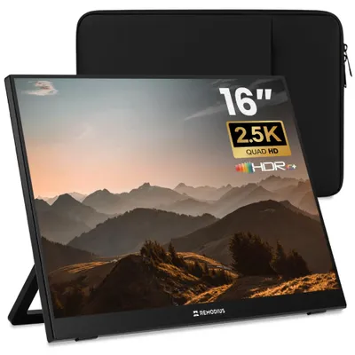 Produktbild von Remodius Portabler Monitor 16 Zoll mit Schutzhülle – Tragbarer Zweitbildschirm 2K USB-C für Laptop