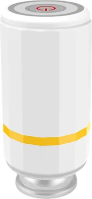 A white cylindrical product with a red power button and a yellow band around its middle.