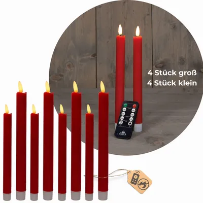 Produktbild von Sparset Stabkerzen LED mit Timer Klein+Groß ROT 8 Stück ROT indoor - 6 Stunden - ECHTWACHS 18cm+23cm Höhe für Kerzen 2,2cm Durchmesser 2 AAA Batterien notwendig LED Stabkerzen flackernde Flamme