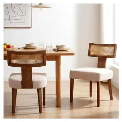 Produktbild von Esszimmerstühle 2er Set Leinen Küchenstuhl mit Rattan Rückenlehne Beige