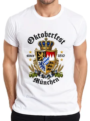 Productafbeelding van Bayern-wapen, leeuw, kroon, bier, hop, mout, traditioneel shirt, lederen broek, heren, T-shirt, wit, XL