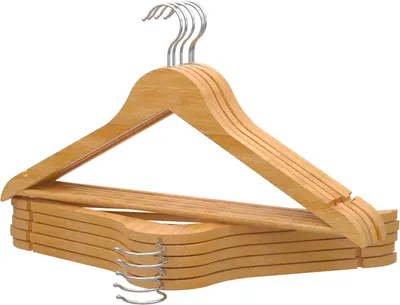 Image de Ensemble de 10 cintres en bois, de couleur naturelle, avec crochets rotatifs à 360°, barre antidérapante pour pantalons, idéal pour les costumes