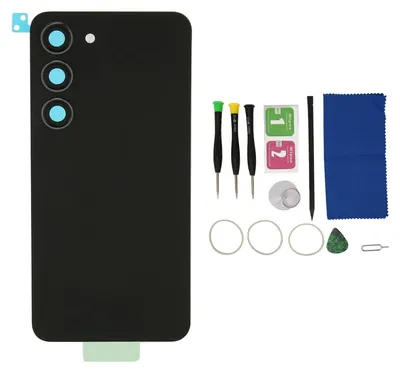 Immagine prodotto di Cover posteriore di ricambio con obiettivo fotocamera preinstallato e kit di strumenti per riparazioni adesive per Samsung Galaxy S23, nero