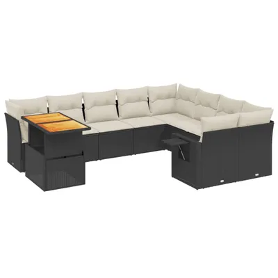 Produktbild von 10-tlg. Gartenmöbel-Set, modulares Loungesofa mit verstellbarem Tisch, Poly Rattan Schwarz, inkl. cremeweißer Kissen mit waschbaren Bezügen