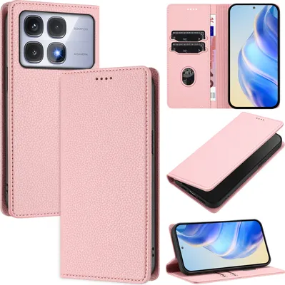 Produktbild von Litchi Leder Handyhülle für Xiaomi Redmi K70 Ultra Wallet Kartenfächer Standfunktion Hülle Pink