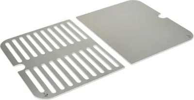 Two stainless steel grill grates, one with parallel slots and the other a solid plate, are shown on a white background.