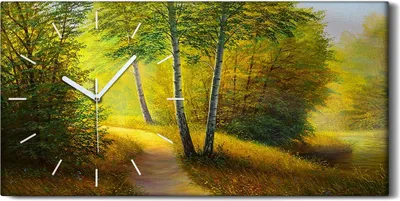 Produktbild von Wandkunst Leinwand Bild Uhr Geräuschlos Kunstdruck 60x30 Malerei Wald Bäume Pfad - weiße Hände