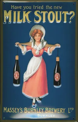 Produktbild von Blechschild Milk Stout Frau mit 2 Flaschen Bier Beer Schild Nostalgieschild