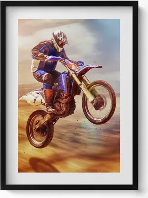 Produktbild von Motorradfahrer in der Wüste– Wandbild mit Rahmen – Gerahmtes Bild  – Wanddekoration – 50x70 cm –  Schwarz Rahmen