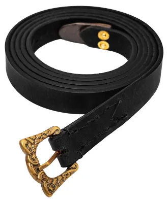 Produktbild von Verzierter Wikinger Ledergürtel mit Messingschnalle und Riemenzunge Antik finish - Schwarz, 130 cm