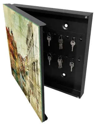 Produktbild von Schwarzer Metall-Schlüsselkasten, 30 x 30 cm – Schlüsselkasten zur Wandmontage mit Tür – Schlüsselkasten mit nach links öffnender Tür – praktischer Aufbewahrungsort für Schlüssel zu Hause – Farbenfrohe Stadt, KI-generiertes Bild