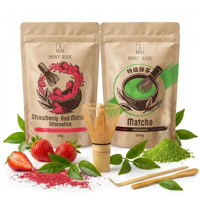 Produktbild von Mary Rose - Matcha Tee Set Premium 100g & Erdbeere 50g - Mit Bambus Chasen Besen, Chashaku - Ideal Für Schicht Red Matcha Latte - Komplett