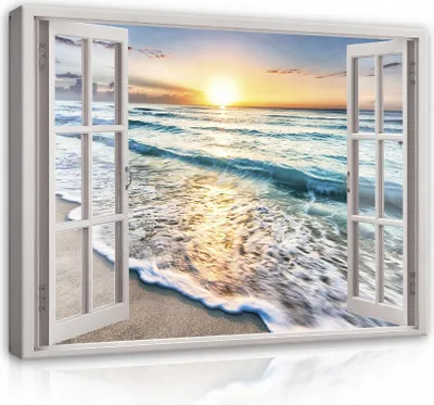 Produktbild von Leinwandbild Fenster Strand Meer 120x80 cm XXL Fensterblick Modern Canvas Bilder Leinwandbilder Schlafzimmer Wohnzimmer Wandbilder Kunstdruck Wand Bild auf Leinwand Aufhängefertig