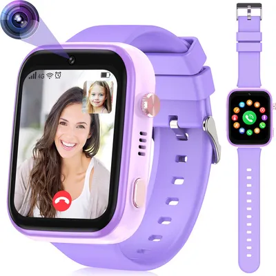 Produktbild von (Purple)Dětské chytré hodinky 4G s GPS a telefonem, dětské chytré hodinky s Wi-Fi videohovory SOS kamera, IP67 vodotěsné dětské chytré hodinky s GPS polohou v reálném čase, hudební video přehrávač, budík