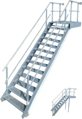 A galvanized steel staircase with a landing and handrails, shown against a white background. A smaller, similar staircase is visible in the lower right corner.
