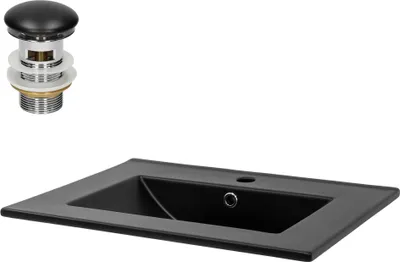 A black ceramic sink and a drain assembly are shown against a white background.