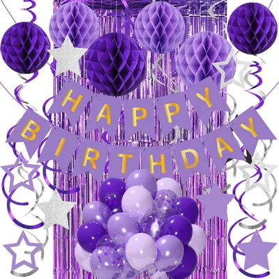 Obrázek produktu pro Dekorace na narozeniny, fialová, pro ženy, sada na oslavu "Happy Birthday", barvy: fialová a bílá