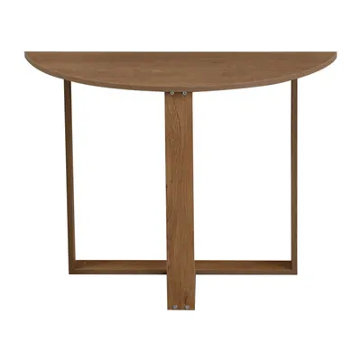 A half-round wooden table with a simple wooden frame.