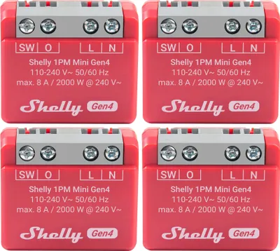 Produktbild von SHELLY Relais 1PM Mini Gen4, 8 A, WLAN, Bluetooth, rot, 4 Stück