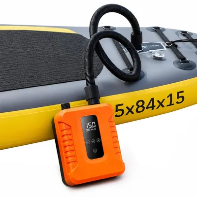 Produktbild von SUP Pumpe elektrisch mit Akku und 12V Anschluss, Hochdruck Luftpumpe 20 PSI, 2-stufig mit Auto-Stopp, LED Display für SUP, Camping & Boote