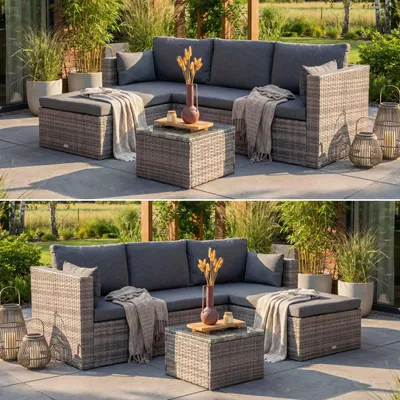 Produktbild von BEAUTYSOFA | SEVILLA Polyrattan Gartenlounge Grau – Gartenmöbel Set, Ecksofa, Ecklounge mit Couchtisch, Outdoor Sofa, Loungegruppe für 4 Personen